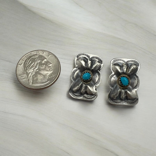 Navajo Artist Blue Turquoise Concho Butterfly Post Earring Sterling Silver - Sunset TQ Mountain