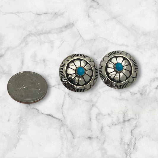 Navajo Artist Blue Turquoise Concho Dangle Earrings Sterling Silver - Sunset TQ Mountain