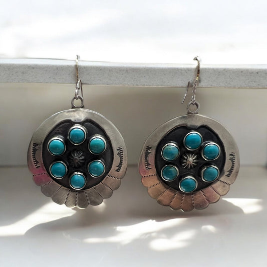 Navajo Artist Blue Turquoise Concho Dangle Earrings Sterling Silver - Sunset TQ Mountain
