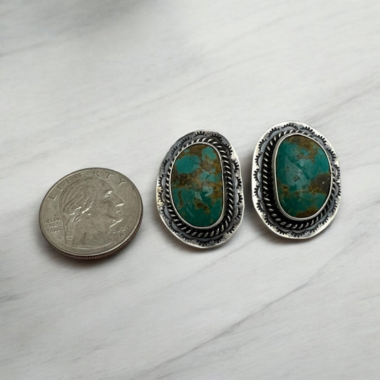 Navajo Artist Pete Skeets Green Turquoise Post Earring Sterling Silver - Sunset TQ Mountain