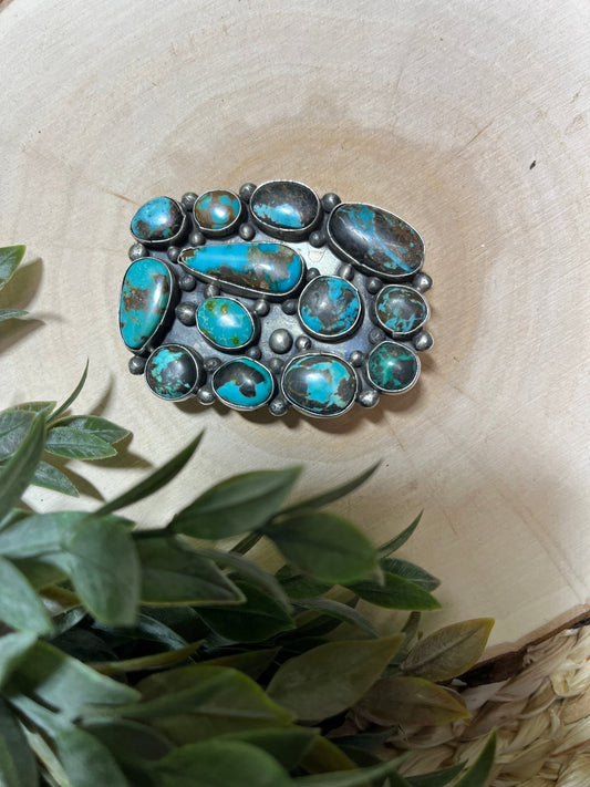 Navajo Artist Sheila Becenti Turquoise 13 Stone Buckle - Sunset TQ Mountain