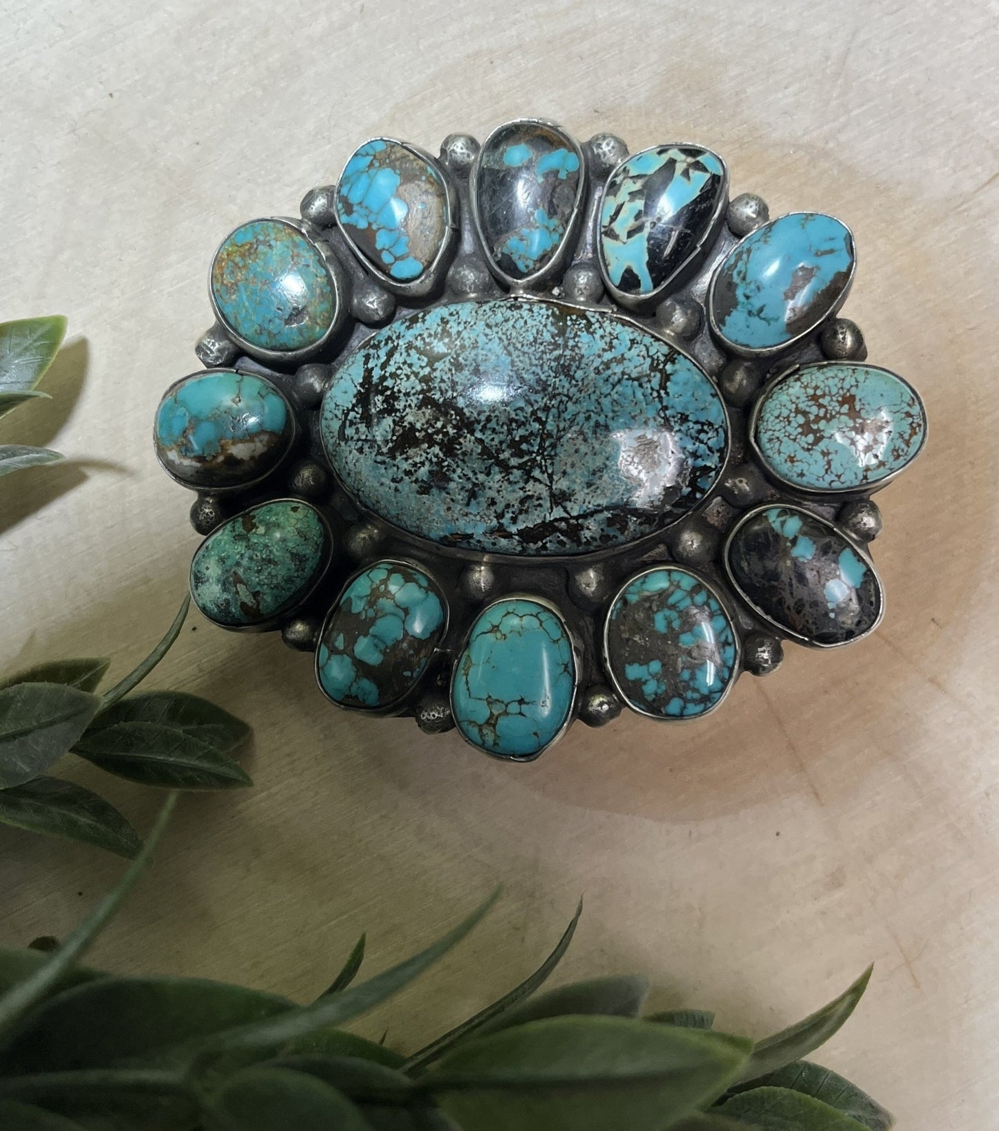 Navajo Artist Travis James Turquoise 13 Stone Buckle - Sunset TQ Mountain