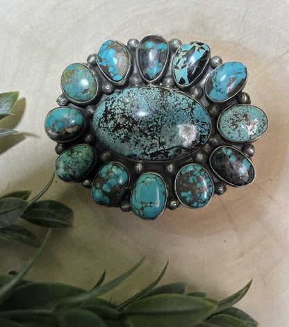 Navajo Artist Travis James Turquoise 13 Stone Buckle - Sunset TQ Mountain