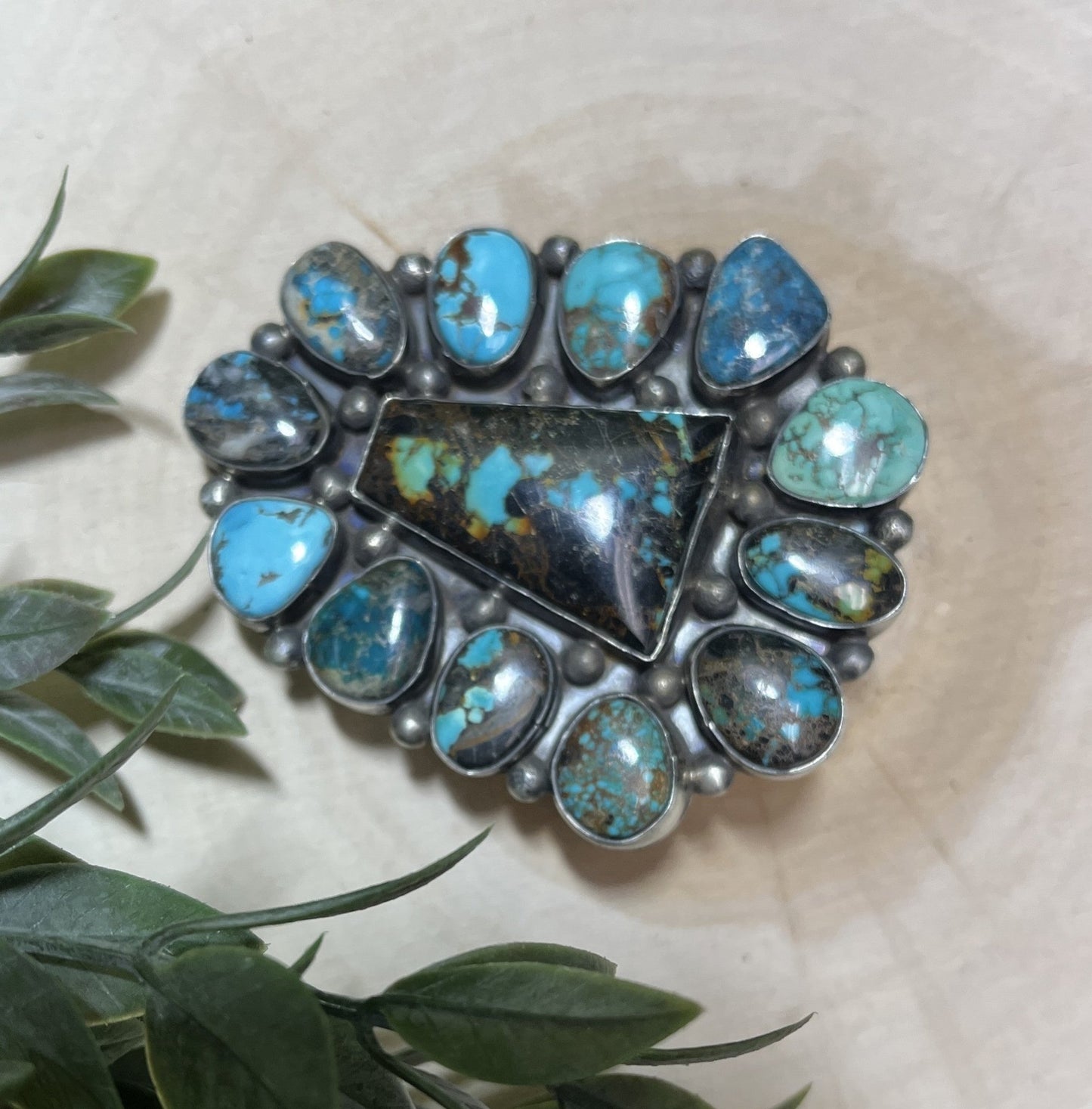 Navajo Artist Travis James Turquoise 13 Stone Buckle - Sunset TQ Mountain