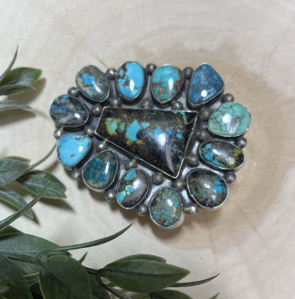 Navajo Artist Travis James Turquoise 13 Stone Buckle - Sunset TQ Mountain