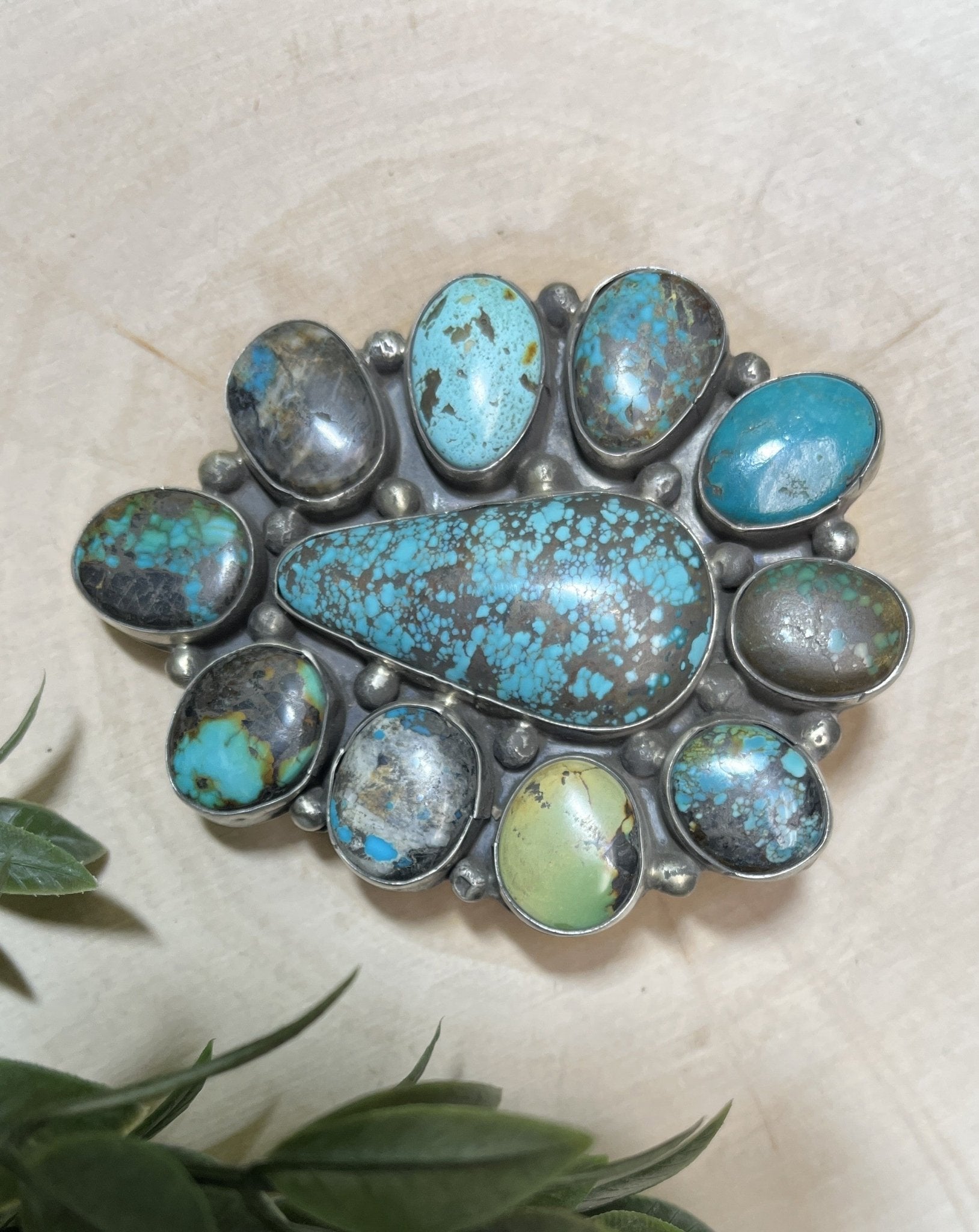 Navajo Artist Travis James Turquoise 13 Stone Buckle - Sunset TQ Mountain