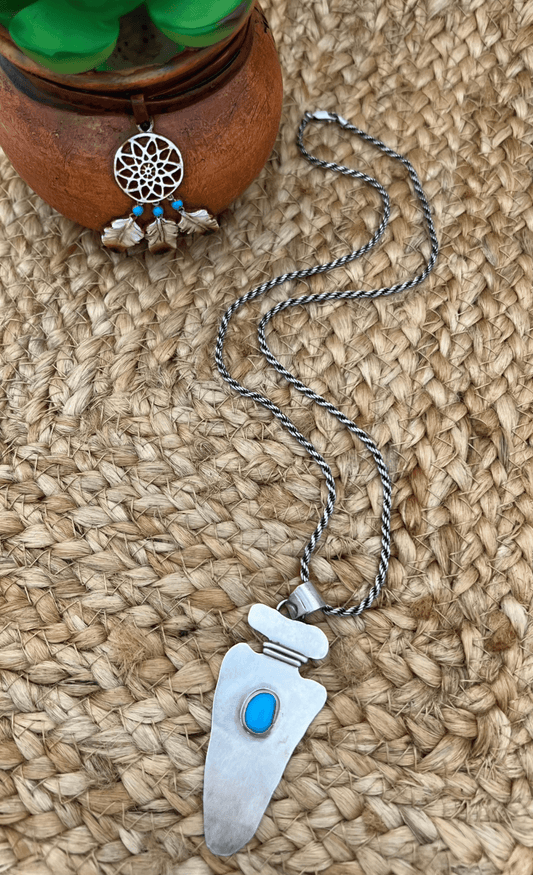 Navajo Artist Turquoise Arrowhead with 20" Rope Chain Oxidized Sterling Silver - Sunset TQ Mountain