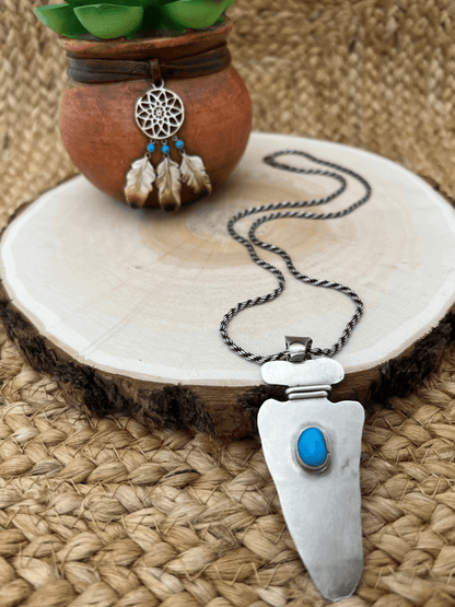Navajo Artist Turquoise Arrowhead with 20" Rope Chain Oxidized Sterling Silver - Sunset TQ Mountain