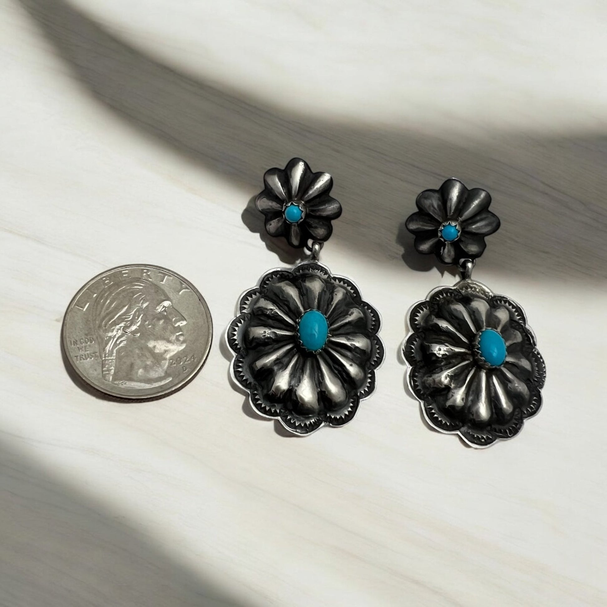 Navajo Artist Turquoise Double Concho Post Earring Sterling Silver - Sunset TQ Mountain