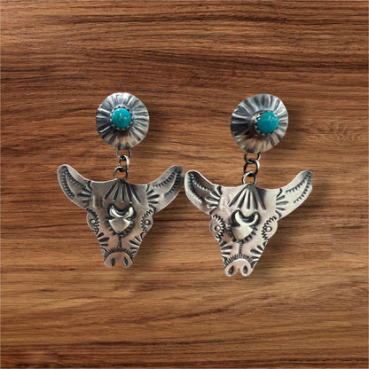 Navajo Artist Yazzie Blue Turquoise Steer Head Dangle Earrings Sterling Silver - Sunset TQ Mountain