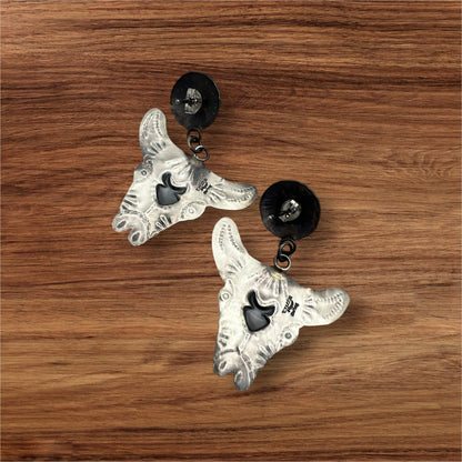 Navajo Artist Yazzie Blue Turquoise Steer Head Dangle Earrings Sterling Silver - Sunset TQ Mountain