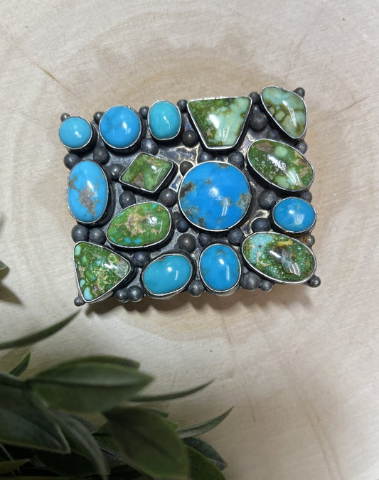 Navajo Handmade Sonoran Turquoise 15 Stone Buckle - Sunset TQ Mountain