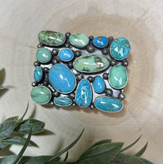 Navajo Handmade Sonoran Turquoise 15 Stone Buckle - Sunset TQ Mountain