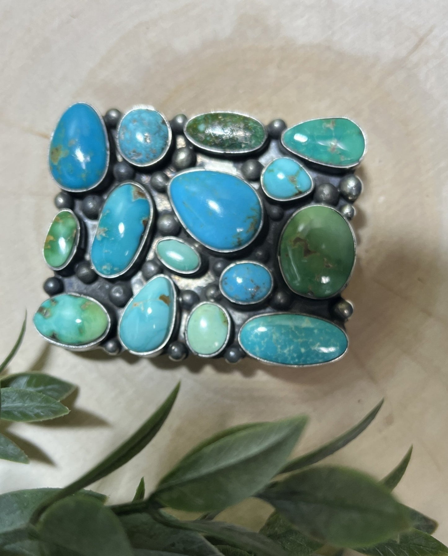 Navajo Handmade Sonoran Turquoise 15 Stone Buckle - Sunset TQ Mountain