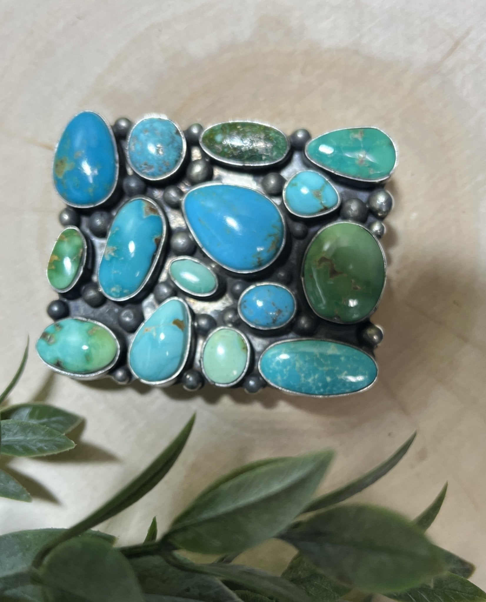 Navajo Handmade Sonoran Turquoise 15 Stone Buckle - Sunset TQ Mountain
