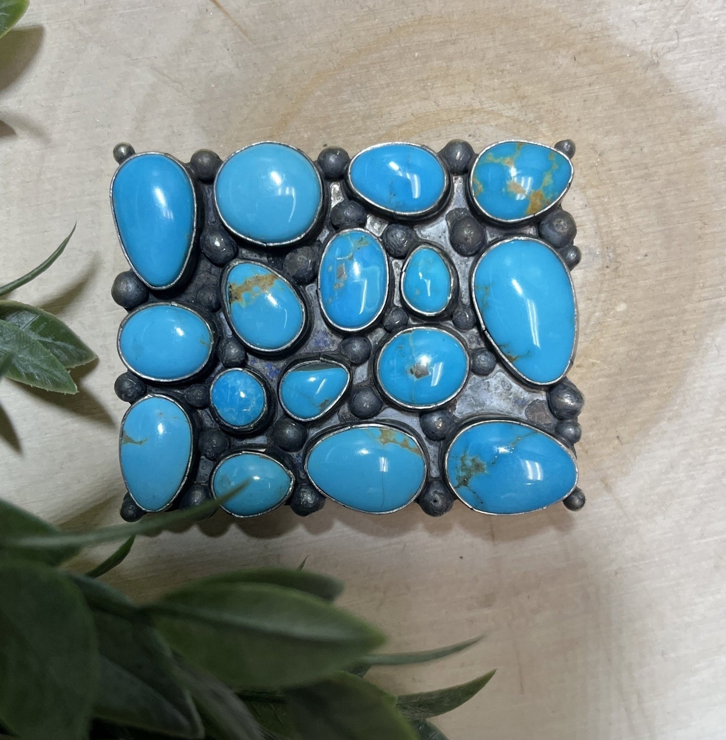 Navajo Handmade Sonoran Turquoise 15 Stone Buckle - Sunset TQ Mountain