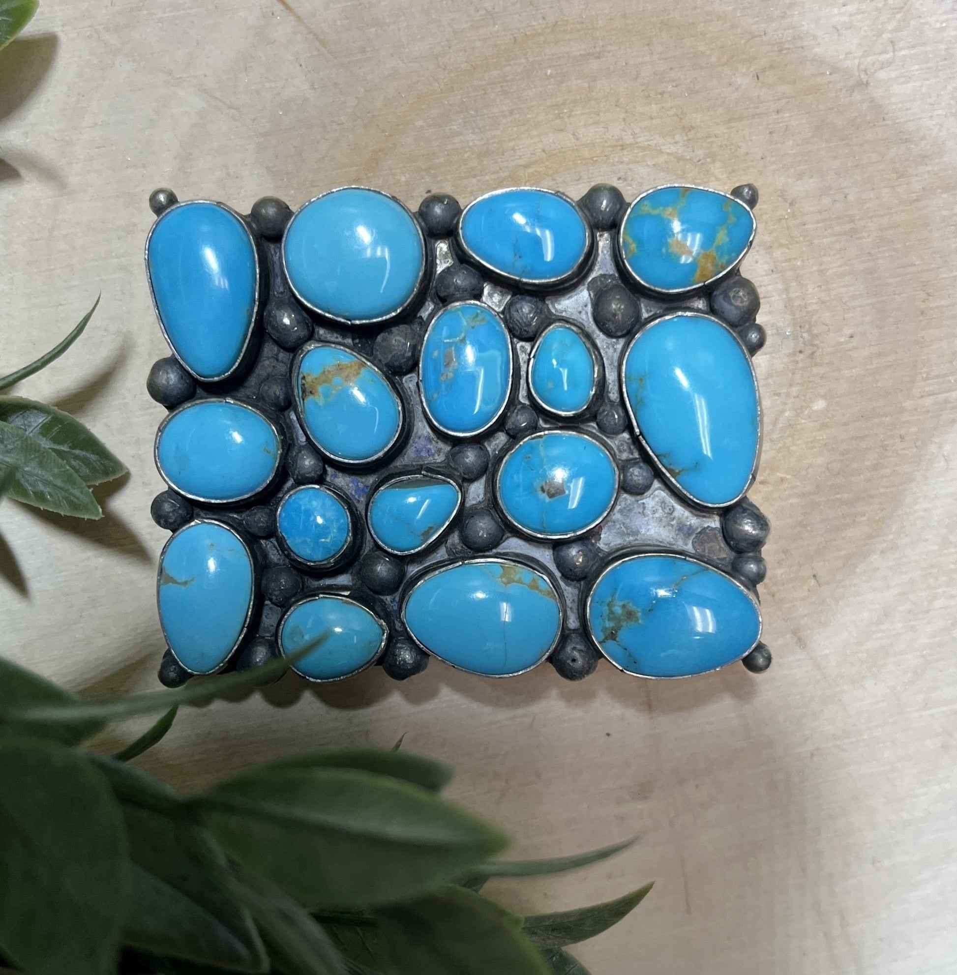 Navajo Handmade Sonoran Turquoise 15 Stone Buckle - Sunset TQ Mountain