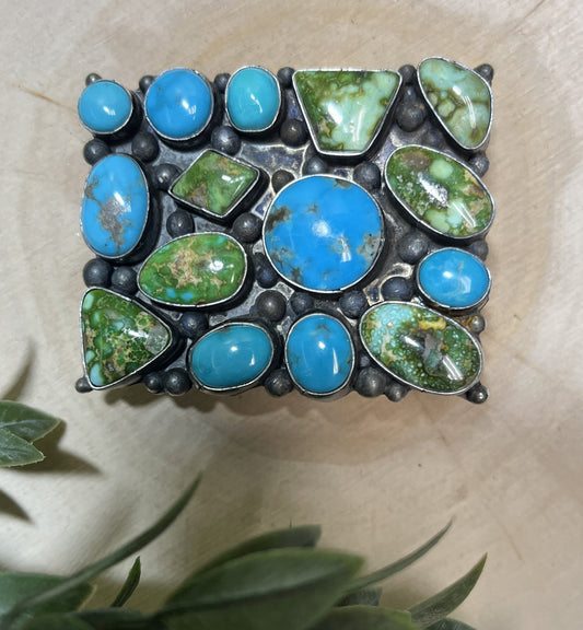 Navajo Handmade Sonoran Turquoise 15 Stone Buckle - Sunset TQ Mountain