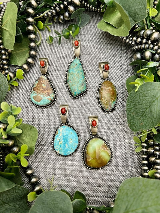Paul Livingston Royston Turquoise and Coral Pendants - Sunset TQ Mountain