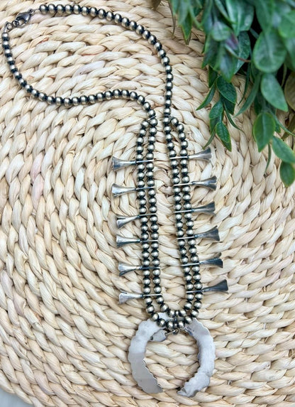 Red Spiny Naja and Plain Pearl Squash Blossom Necklace - Sunset TQ Mountain