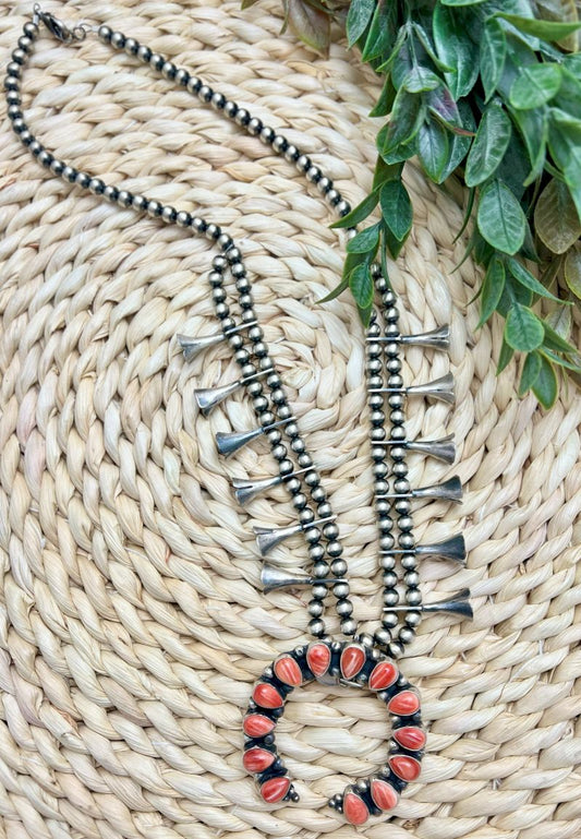 Red Spiny Naja and Plain Pearl Squash Blossom Necklace - Sunset TQ Mountain