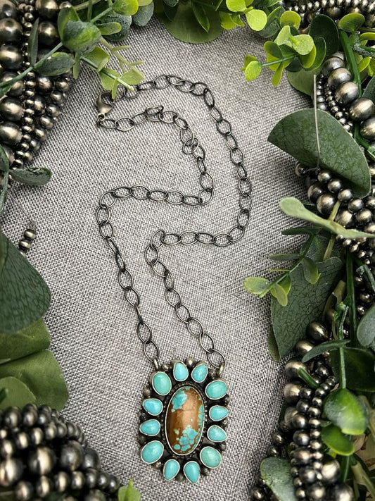 Sheila Becenti 13 - stone Turquoise Mine 8 Bar Necklace - Sunset TQ Mountain