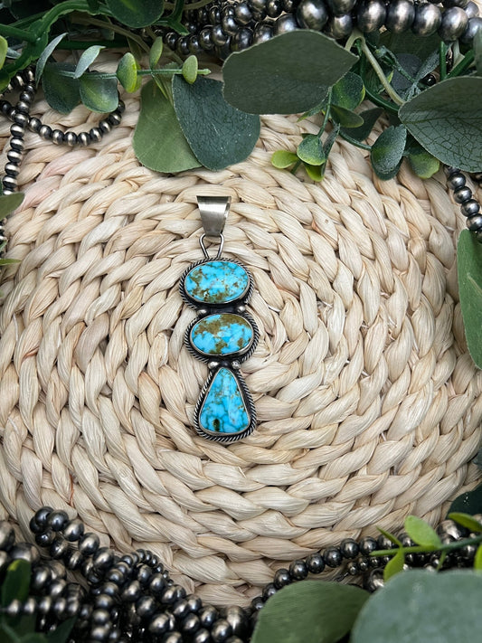 Sheila Becenti 3 - stone Kingman Turquoise Pendant - Sunset TQ Mountain