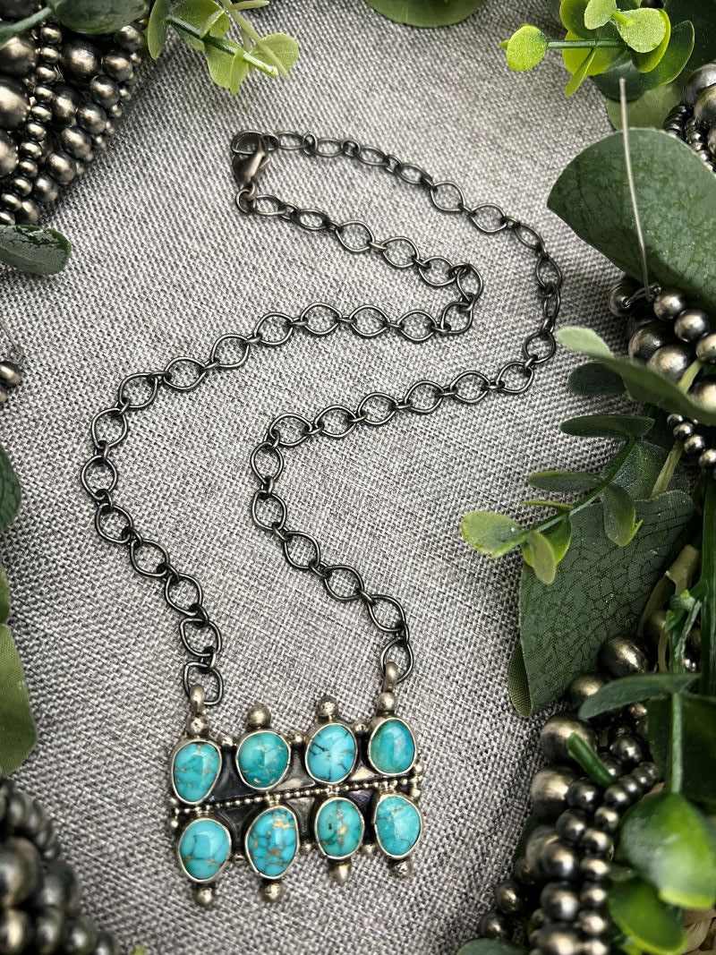 Sheila Becenti 8 - stone Sonoran Turquoise Bar Necklace - Sunset TQ Mountain