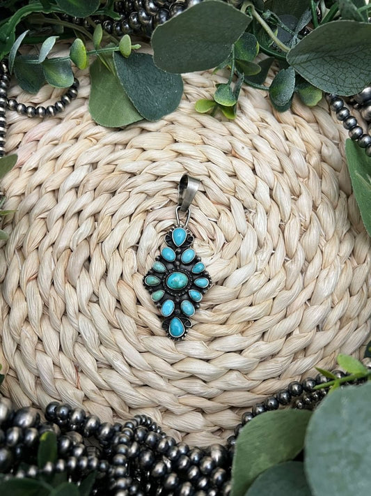 Sheila Becenti Turquoise Mine 8 Cluster Pendant - Sunset TQ Mountain