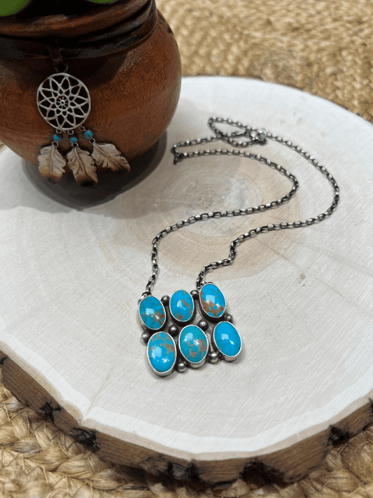 Sheila Tso Navajo Artist 6 Stone Turquoise Bar Necklace 19.5" Chain Oxidized Sterling Silver - Sunset TQ Mountain