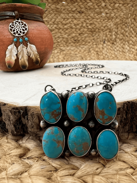 Sheila Tso Navajo Artist 6 Stone Turquoise Bar Necklace 19.5" Chain Oxidized Sterling Silver - Sunset TQ Mountain