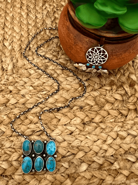 Sheila Tso Navajo Artist 6 Stone Turquoise Bar Necklace 19.5" Chain Oxidized Sterling Silver - Sunset TQ Mountain
