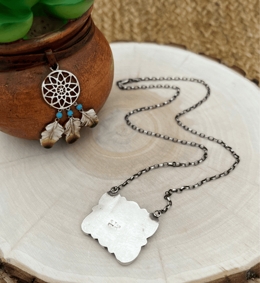 Sheila Tso Navajo Artist 6 Stone Turquoise Bar Necklace 19.5" Chain Oxidized Sterling Silver - Sunset TQ Mountain