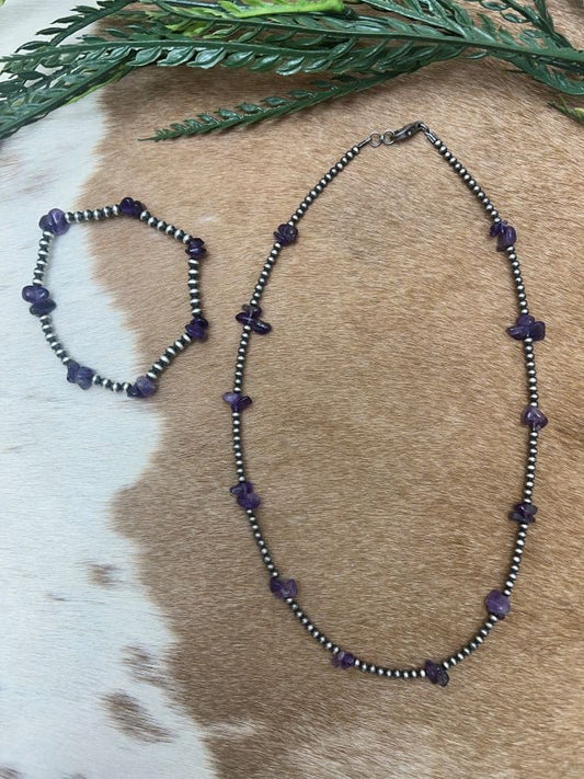 Silver Desert Pearls & Amethyst Chips Necklace - Sunset TQ Mountain