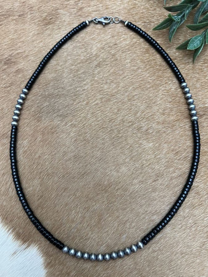 Silver Desert Pearls & Onyx Heishi Necklace - Sunset TQ Mountain