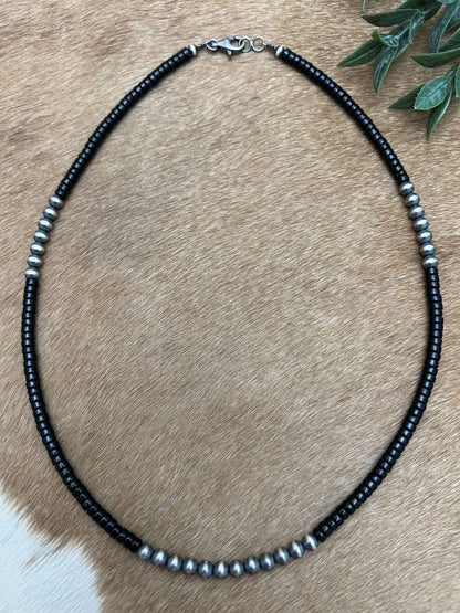 Silver Desert Pearls & Onyx Heishi Necklace - Sunset TQ Mountain