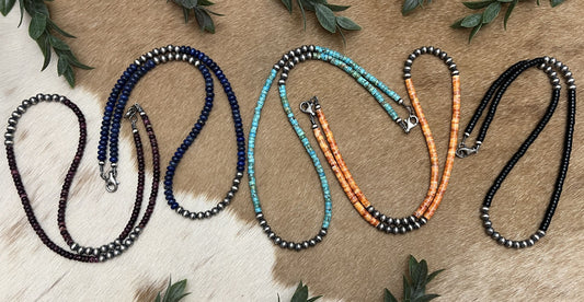 Silver Desert Pearls & Onyx Heishi Necklace - Sunset TQ Mountain