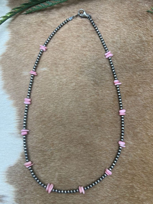 Silver Desert Pearls & Pink Conch Chips Necklace - Sunset TQ Mountain