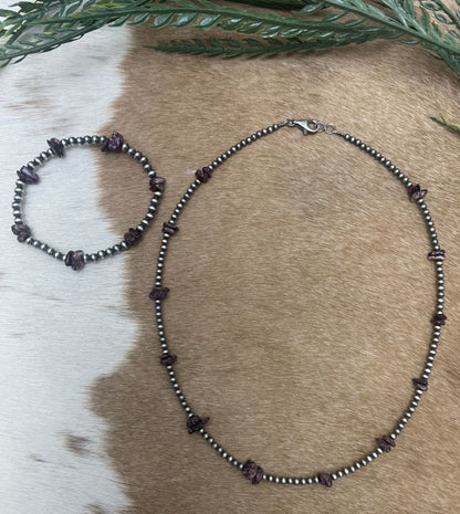 Silver Desert Pearls & Purple Spiny Oyster Chips Necklace - Sunset TQ Mountain