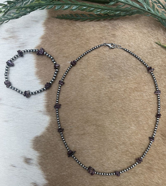 Silver Desert Pearls & Purple Spiny Oyster Chips Necklace - Sunset TQ Mountain