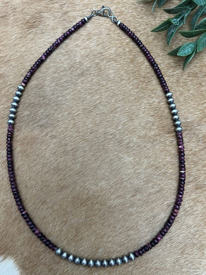 Silver Desert Pearls & Purple Spiny Oyster Shell Heishi Necklace - Sunset TQ Mountain