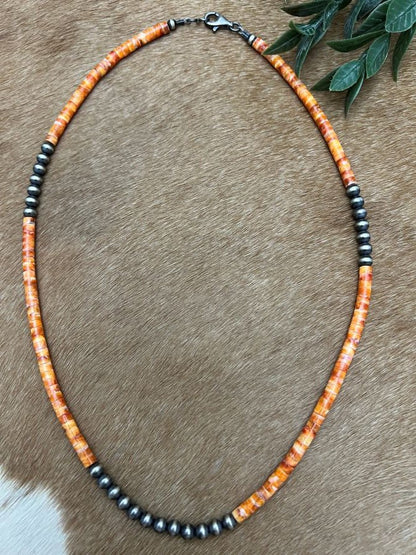Silver Desert Pearls & Spiny Oyster Shell Heishi Necklace - Sunset TQ Mountain