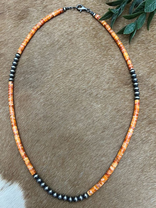 Silver Desert Pearls & Spiny Oyster Shell Heishi Necklace - Sunset TQ Mountain