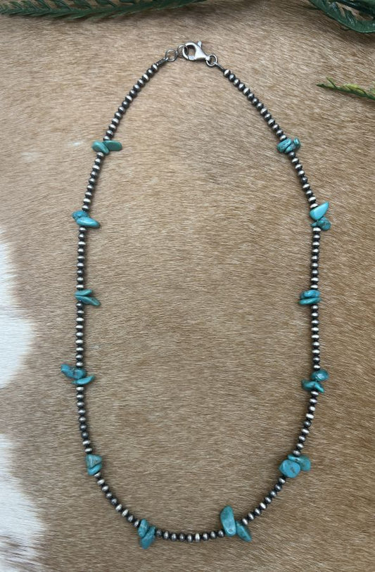 Silver Desert Pearls & Turquoise Chips Necklace - Sunset TQ Mountain