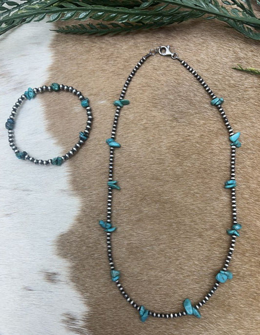 Silver Desert Pearls & Turquoise Chips Necklace - Sunset TQ Mountain