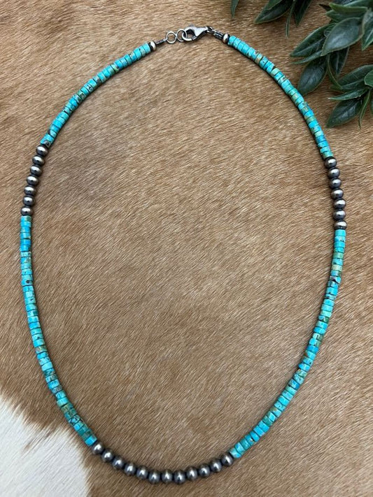 Silver Desert Pearls & Turquoise Heishi Necklace - Sunset TQ Mountain