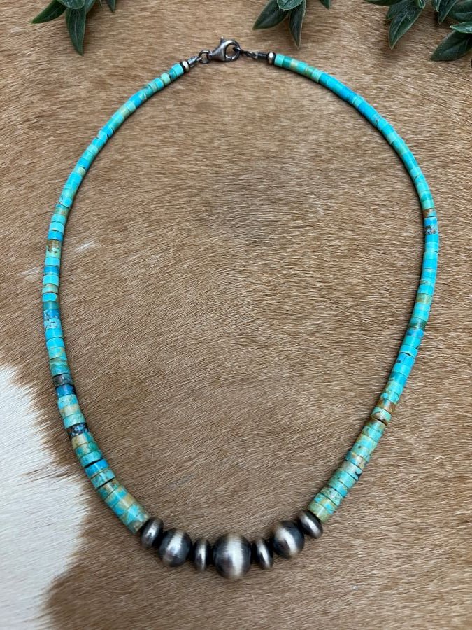 Silver Desert Pearls & Turquoise Mine 8 Heishi Necklace - Sunset TQ Mountain