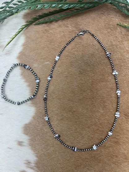 Silver Desert Pearls & White Buffalo Chips Necklace - Sunset TQ Mountain