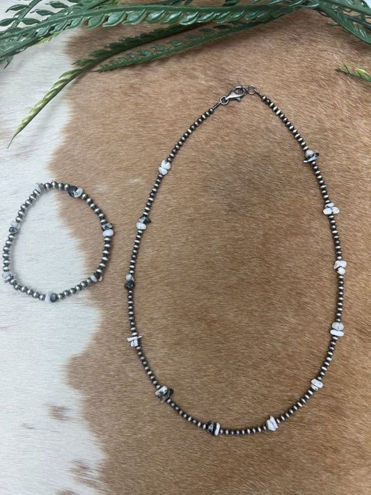 Silver Desert Pearls & White Buffalo Chips Necklace - Sunset TQ Mountain