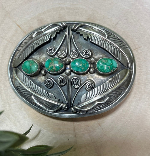 Sonoran Turquoise and Feather Buckle - Sunset TQ Mountain